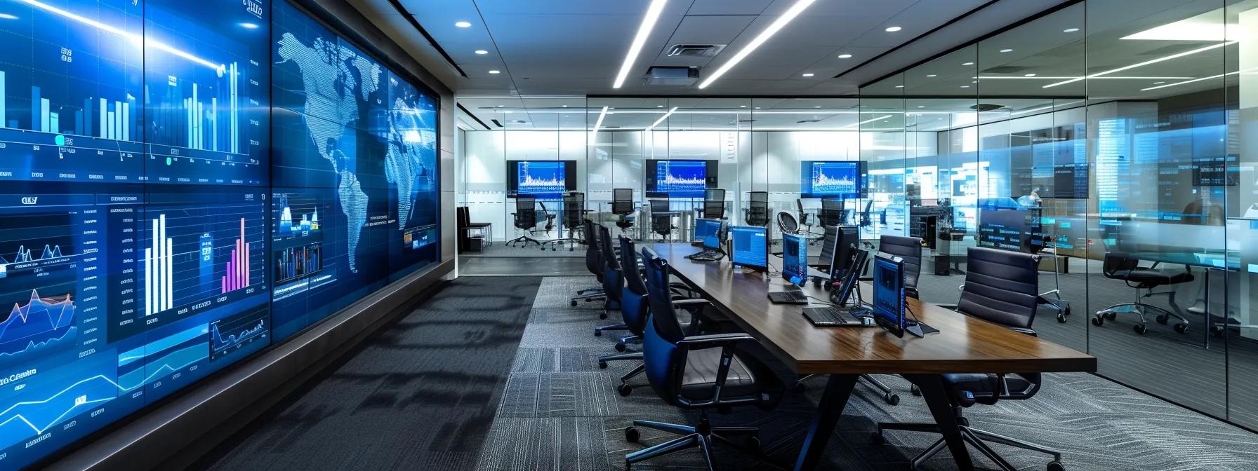a dynamic office environment filled with confident investment advisors engaged in strategic discussions around a sleek conference table, layered with digital screens displaying financial charts and growth projections.