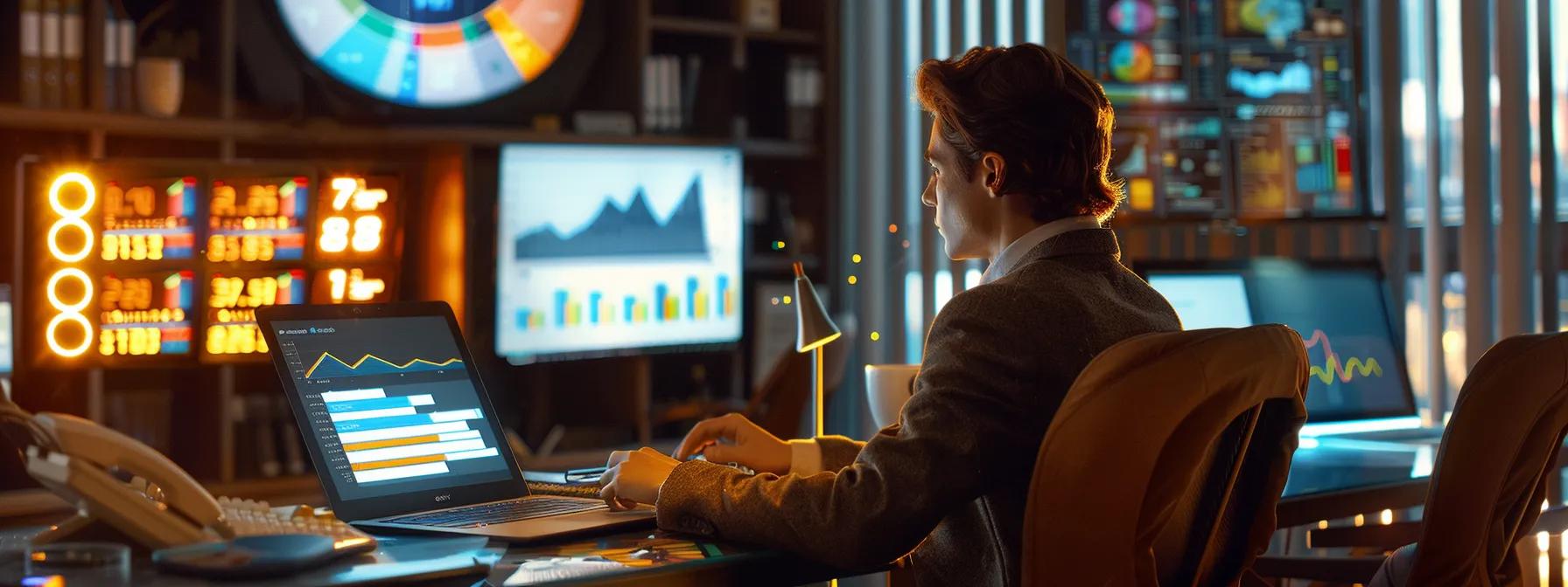 a dynamic office environment showcases a confident entrepreneur analyzing data on a sleek laptop, surrounded by vibrant charts and tax strategy documents, emphasizing the power of qualified small business stock for optimizing financial success.