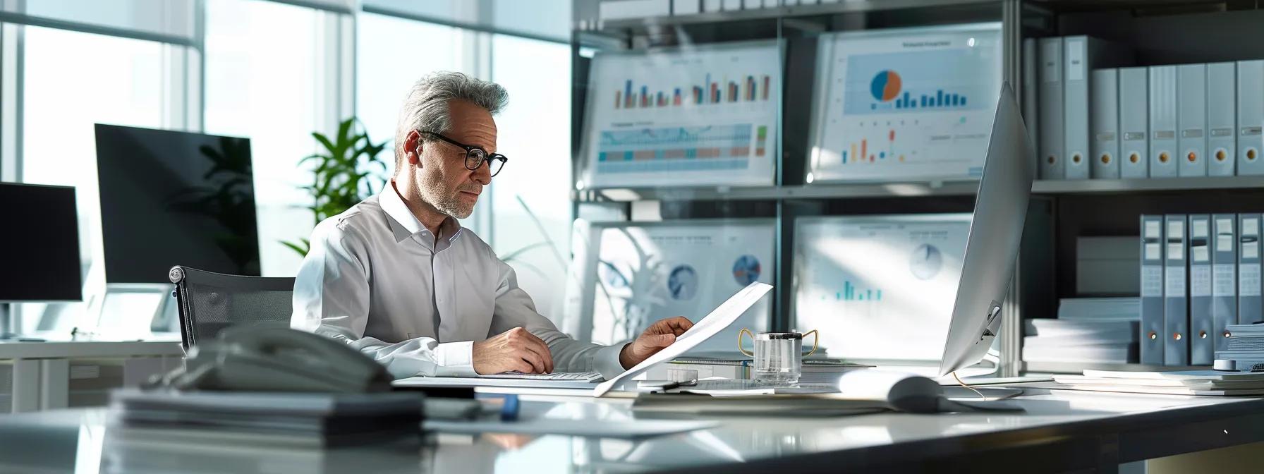 a focused entrepreneur sits at a sleek, modern office desk, surrounded by detailed financial charts and tax strategy documents, analyzing qsbs structuring methods on a high-resolution screen that reflects a balance of risk management and aggressive tax planning.