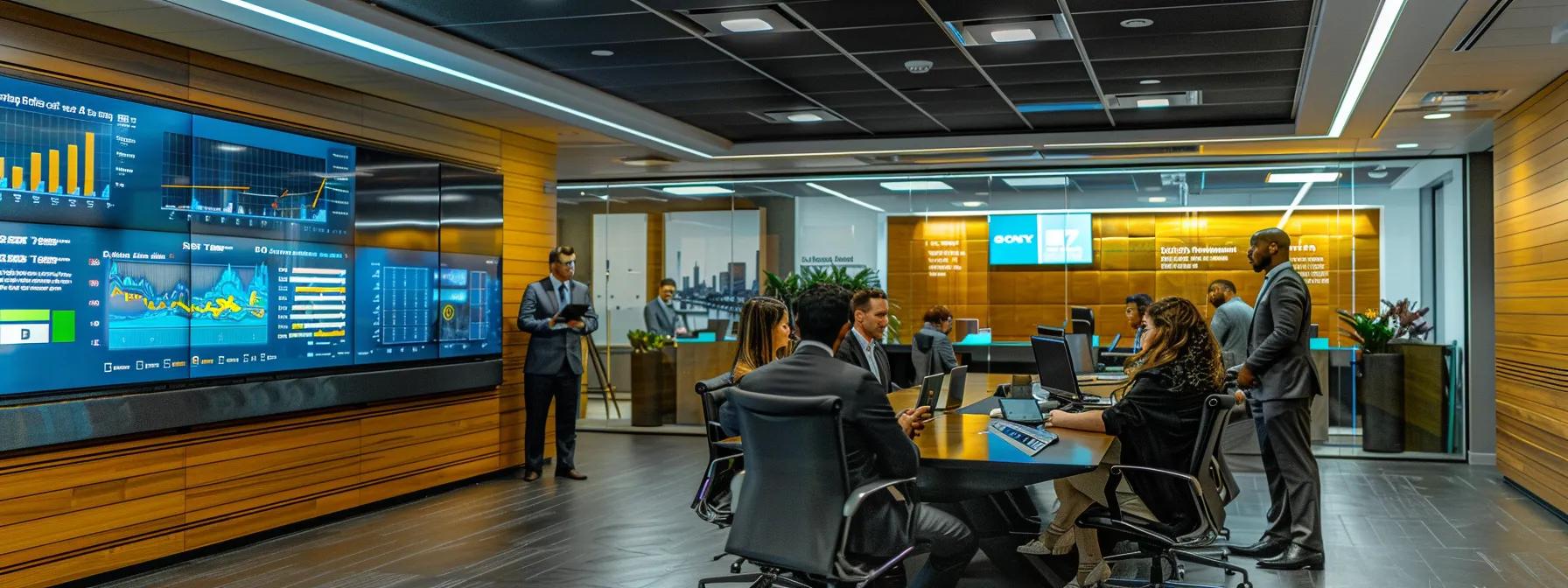 a modern office setting features a diverse group of professionals engaging in a strategic discussion around a sleek conference table, surrounded by digital charts and financial documents that illuminate the integration of qsbs into a comprehensive financial planning framework.