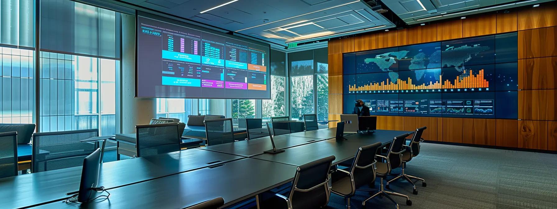 a sleek, modern office filled with digital screens displaying colorful data visualizations and analytics graphs, where financial advisors engage in strategic discussions, embodying the essence of data-driven decision-making in wealth management.