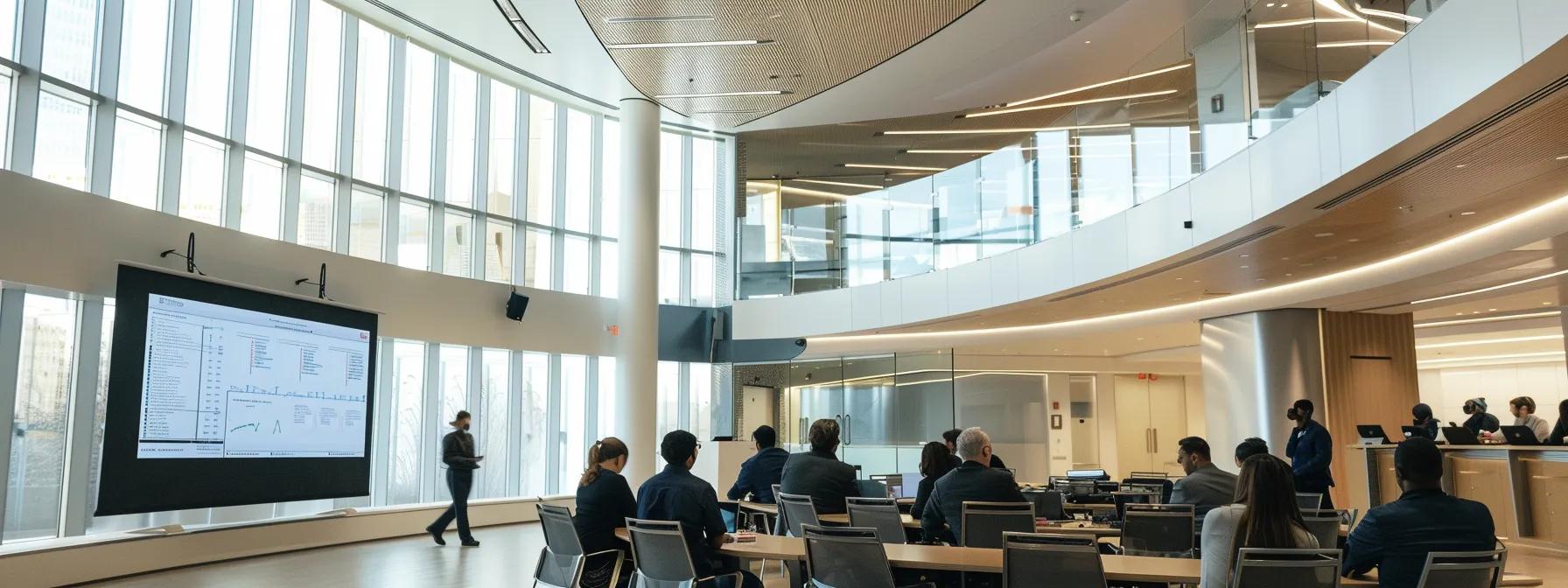a sleek, modern office filled with diverse professionals engaging around interactive screens showcasing esg investment strategies and sustainable financial models, embodying the future of ethical investing.