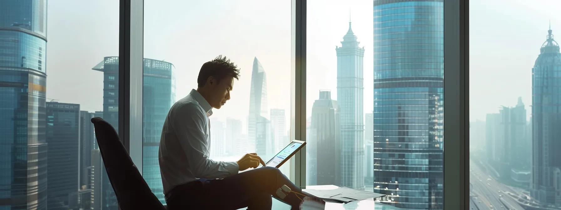 a sleek, modern office setting with a confident founder analyzing vibrant charts and financial documents on a digital tablet, highlighting the transformative impact of qualified small business stock on tax strategies against a backdrop of high-rise cityscape.