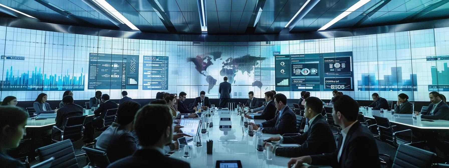 a sleek, modern office space showcases advanced digital tools and ai software on large screens, with focused professionals analyzing data and collaborating around a high-tech conference table, embodying the future of investing through technological innovation.