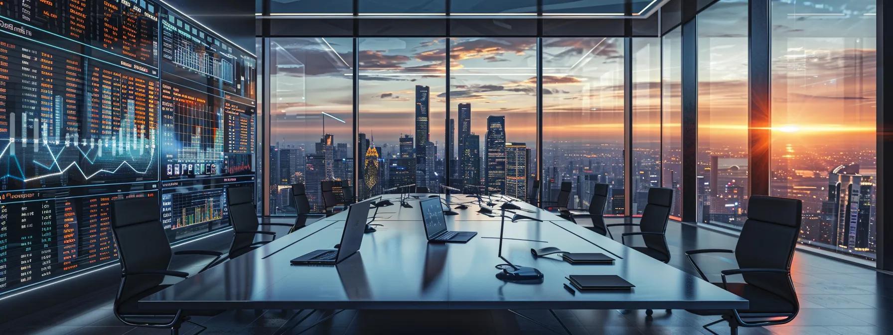 a sleek, modern office space filled with glowing screens displaying complex data analytics and market forecasts, highlighting financial advisors engaged in strategic discussions about future investment trends amidst a backdrop of dynamic city skyline views.