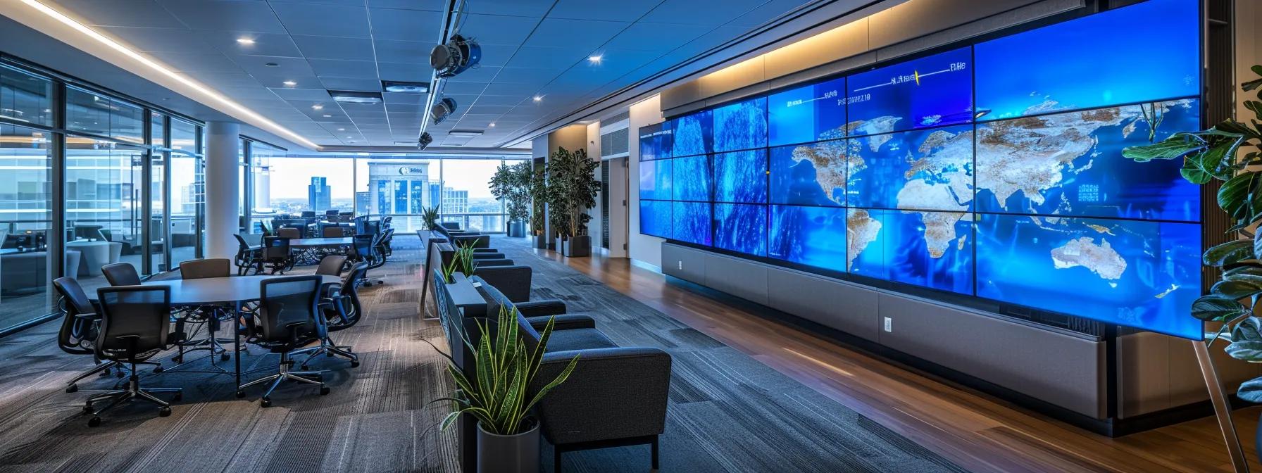 a sleek, modern office workspace showcases a confident financial advisor engaging with clients through interactive digital screens, emphasizing personalized service and data-driven strategies in a professional atmosphere.