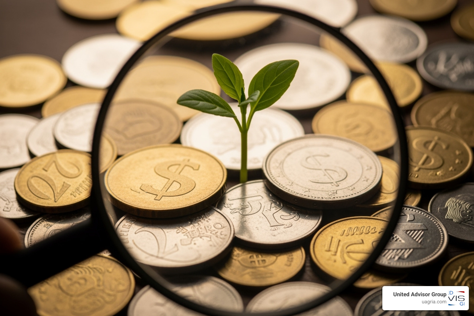 magnifying glass over a plant growing from a pile of coins - impact investing retirement