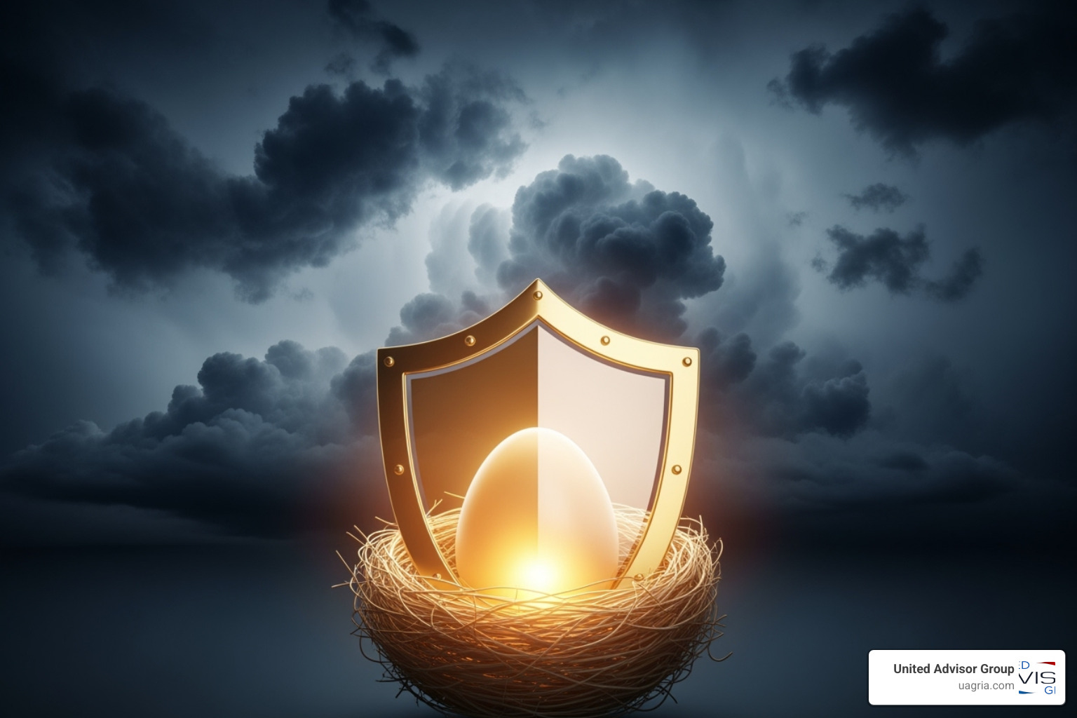 shield protecting a nest egg from storm clouds labeled "Volatility" and "Inflation" - asset allocation for retirement