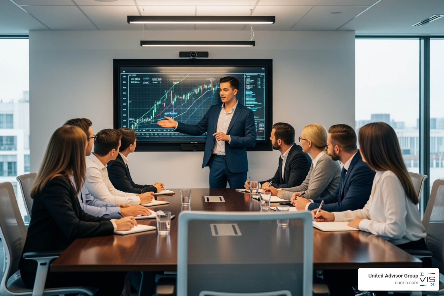 Image of a team meeting where a new advisor is confidently presenting to colleagues - recruiting the next generation of financial advisors Image of a team meeting where a new advisor is confidently presenting to colleagues - recruiting the next generation of financial advisors