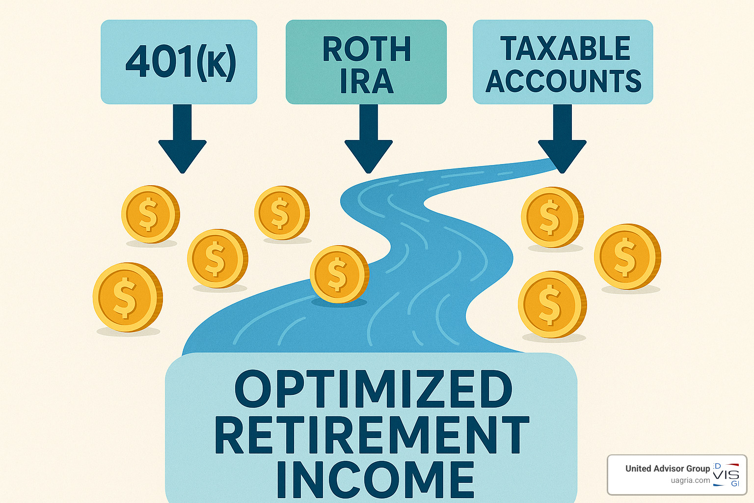 Diagram showing money flowing from different retirement accounts (401k, Roth IRA, taxable accounts) into an optimized income stream - retirement tax planning advisor near me