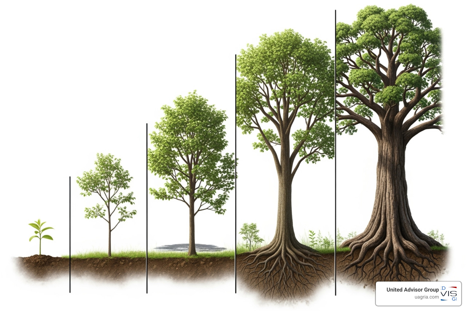 timeline showing a sapling growing into a large tree, representing long-term growth - impact investing retirement
