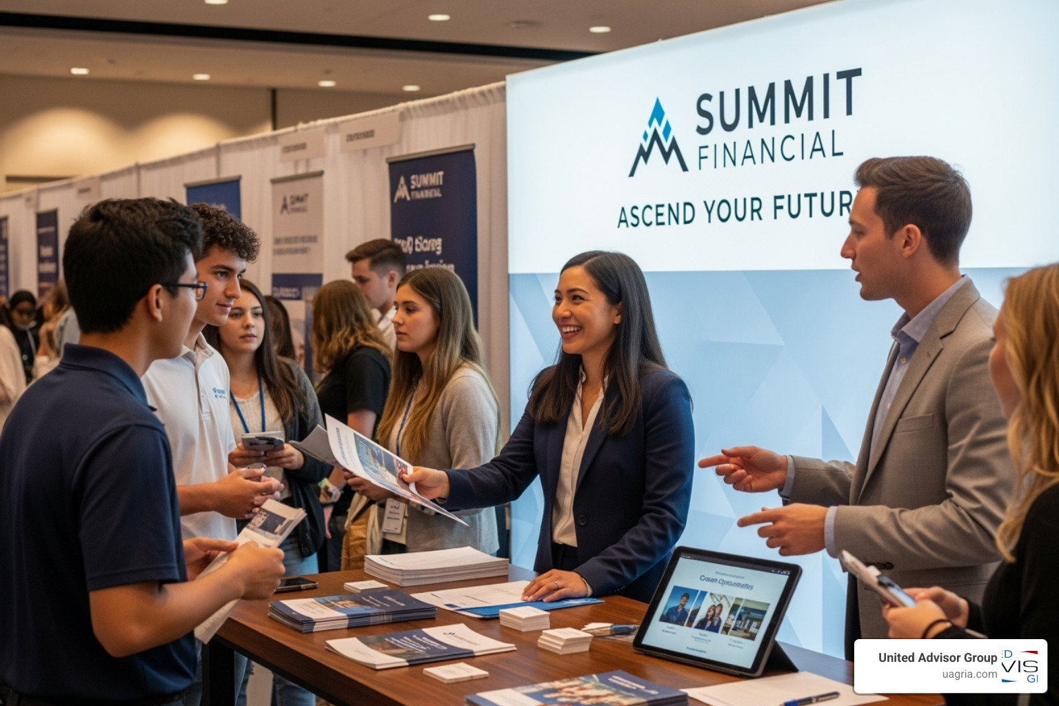 Image of a university career fair booth for a financial firm with engaging branding - recruiting the next generation of financial advisors Image of a university career fair booth for a financial firm with engaging branding - recruiting the next generation of financial advisors
