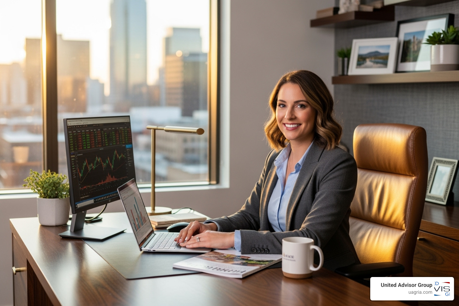 advisor smiling while working from a personalized, modern office space - RIA business model advisor smiling while working from a personalized, modern office space - RIA business model