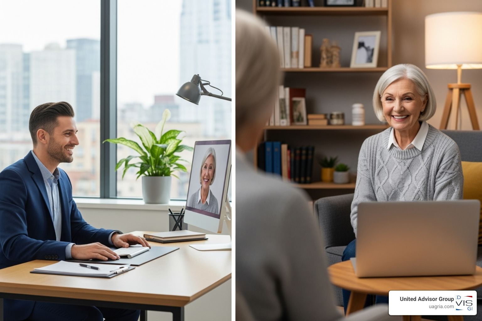 Image of an advisor having a virtual meeting with a satisfied, long-term client - Expand client base Image of an advisor having a virtual meeting with a satisfied, long-term client - Expand client base