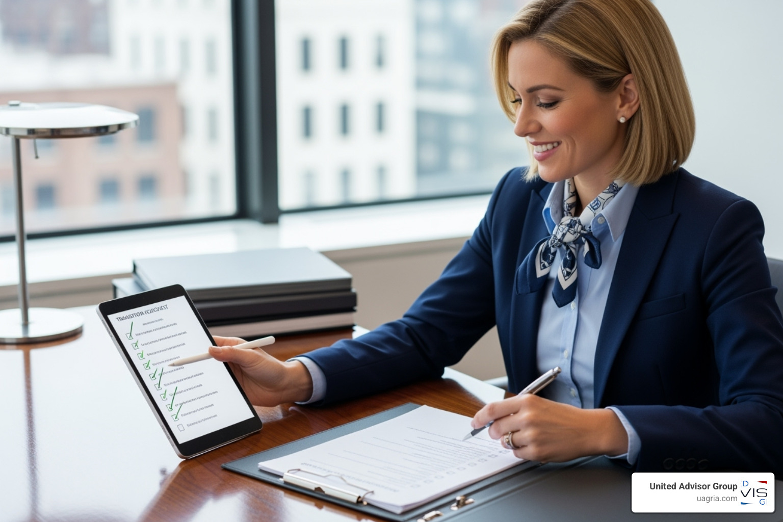 Advisor successfully navigating a transition checklist, smiling confidently - Independent advisory services Advisor successfully navigating a transition checklist, smiling confidently - Independent advisory services