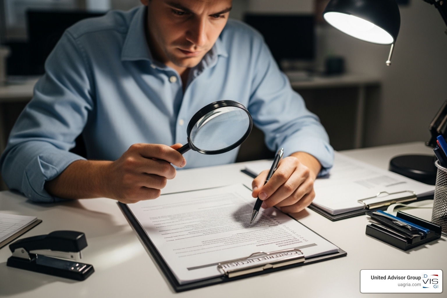 A person reviewing a compliance checklist with a magnifying glass, emphasizing attention to detail - Independent advisor solutions A person reviewing a compliance checklist with a magnifying glass, emphasizing attention to detail - Independent advisor solutions