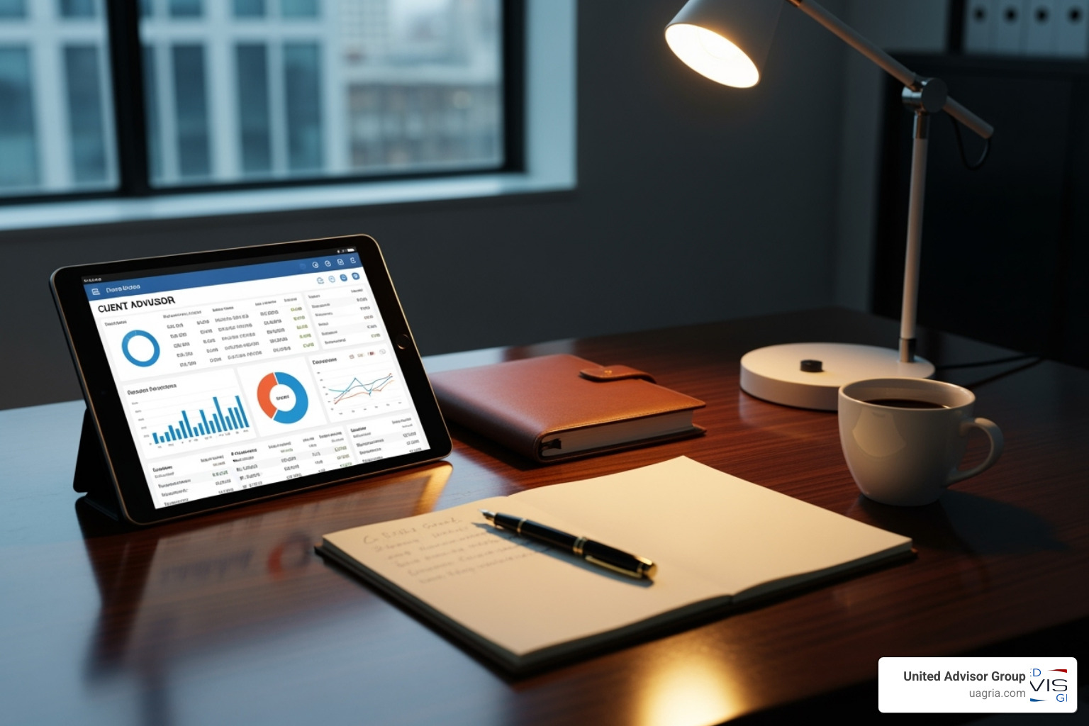 Financial advisor's workspace with a tablet displaying a client dashboard - Client retention strategies Financial advisor's workspace with a tablet displaying a client dashboard - Client retention strategies