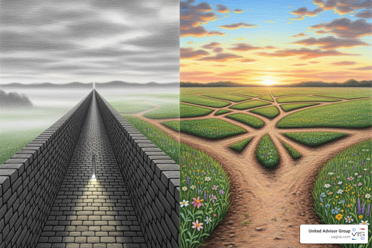 image illustrating the difference between a restrictive, limited path and an open, multi-directional path, symbolizing the freedom of independence for advisors - Personalized financial guidance image illustrating the difference between a restrictive, limited path and an open, multi-directional path, symbolizing the freedom of independence for advisors - Personalized financial guidance