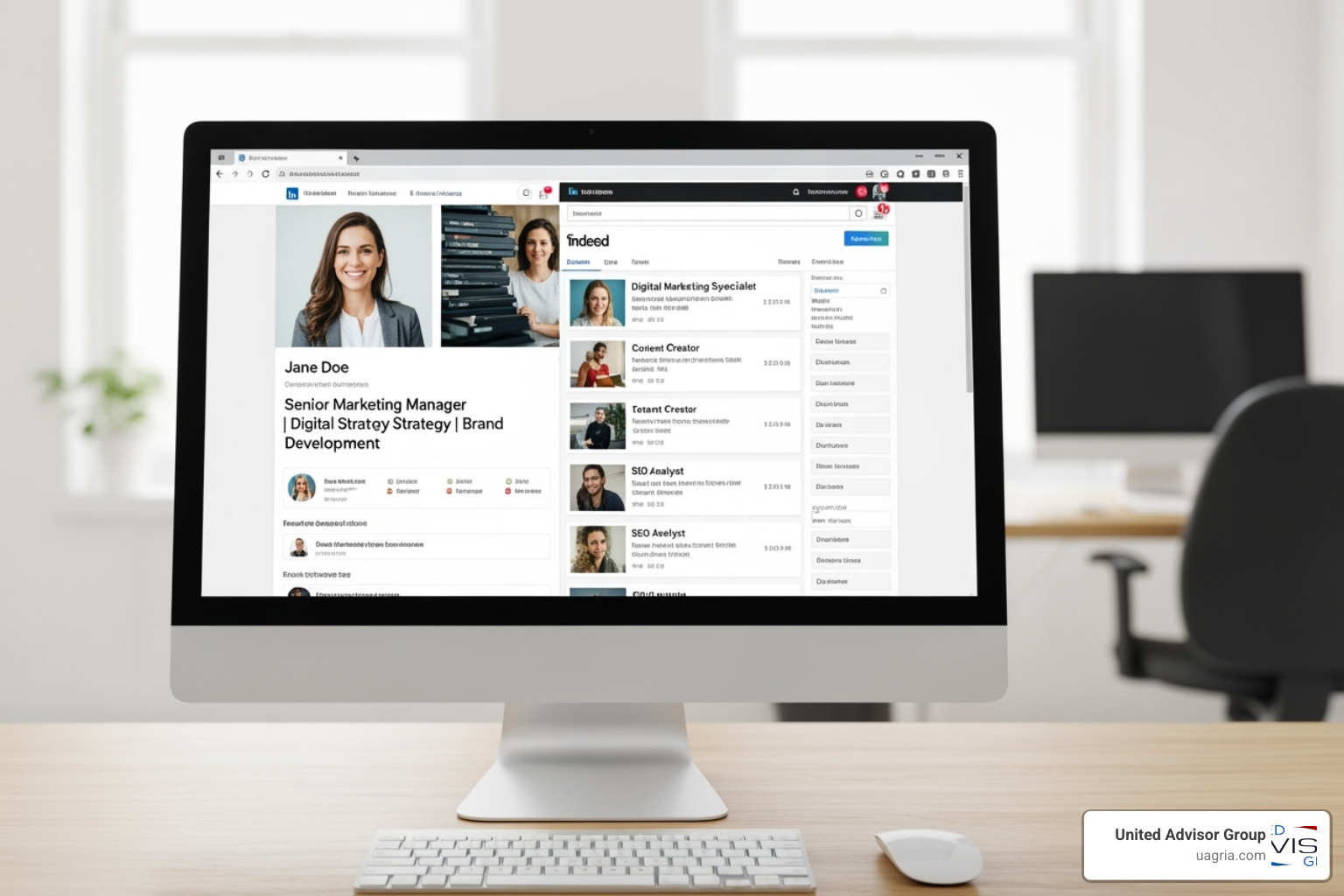 computer screen showing professional LinkedIn profile and a job board - where to recruit financial advisors computer screen showing professional LinkedIn profile and a job board - where to recruit financial advisors