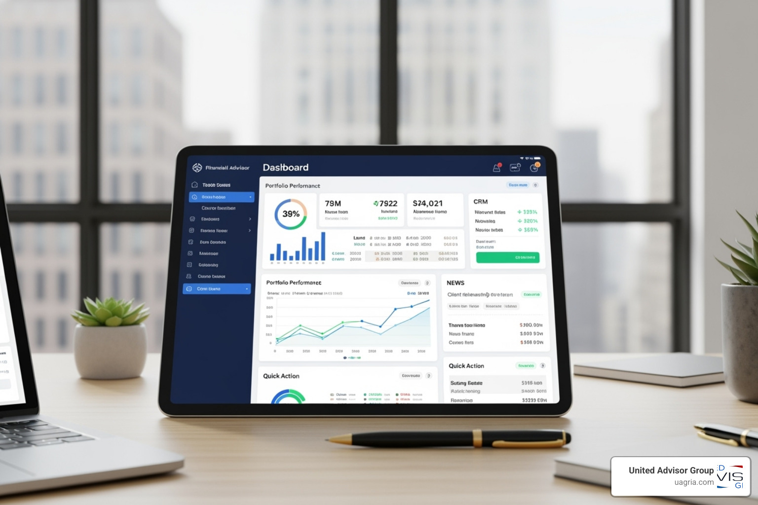 Image of a sleek, integrated advisor technology dashboard on a tablet - Independent advisor network Image of a sleek, integrated advisor technology dashboard on a tablet - Independent advisor network